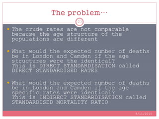 The problem…
 The crude rates are not comparable
because the age structure of the
populations are different
 What would the expected number of deaths
be in London and Camden if the age
structures were the identical?
This is DIRECT STANDARDISATION called
DIRECT STANDARDISED RATES
 What would the expected number of deaths
be in London and Camden if the age
specific rates were identical?
This is INDIRECT STANDARDISATION called
STANDARDISED MORTALITY RATIO
8/11/2015
23
 