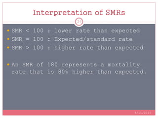 Interpretation of SMRs
 SMR < 100 : lower rate than expected
 SMR = 100 : Expected/standard rate
 SMR > 100 : higher rate than expected
 An SMR of 180 represents a mortality
rate that is 80% higher than expected.
8/11/2015
26
 