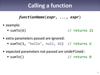 5
Calling a function
functionName(expr, ..., expr)
• example:
 sumTo(6) // returns 21
• extra parameters passed are ignored:
 sumTo(3, "hello", null, 42) // returns 6
• expected parameters not passed are undefined :
 sumTo() // returns 0
 