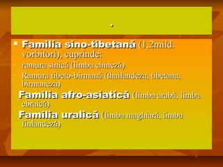 ..
 Familia sino-tibetanăFamilia sino-tibetană (1,2mild.(1,2mild.
vorbitori), cuprinde:vorbitori), cuprinde:
- ramura sinică (limba chineză)ramura sinică (limba chineză)
- Ramura tibeto-birmană (thailandeza, tibetana,Ramura tibeto-birmană (thailandeza, tibetana,
birmaneza)birmaneza)
Familia afro-asiaticăFamilia afro-asiatică ((limba arabă, limbalimba arabă, limba
ebraică)ebraică)
Familia uralicăFamilia uralică ((limba maghiară, limbalimba maghiară, limba
finlandeză)finlandeză)
 