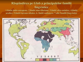 Răspândirea pe Glob a principalelor familiiRăspândirea pe Glob a principalelor familii
lingvisticelingvistice
1.limbi indo-europene, 2.limbi sino-tibetane, 3.limbi afro-asiatice, 4.limbi1.limbi indo-europene, 2.limbi sino-tibetane, 3.limbi afro-asiatice, 4.limbi
uralice, 5.limbi turano-altaice, 6. limbi sudaneze, 7.alte familii lingvisticeuralice, 5.limbi turano-altaice, 6. limbi sudaneze, 7.alte familii lingvistice
 