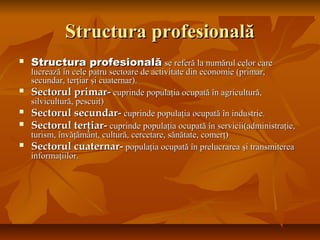 Structura profesionalăStructura profesională
 Structura profesionalăStructura profesională se referă la numărul celor carese referă la numărul celor care
lucrează în cele patru sectoare de activitate din economie (primar,lucrează în cele patru sectoare de activitate din economie (primar,
secundar, terţiar şi cuaternar).secundar, terţiar şi cuaternar).
 Sectorul primar-Sectorul primar- cuprinde populaţia ocupată în agricultură,cuprinde populaţia ocupată în agricultură,
silvicultură, pescuit)silvicultură, pescuit)
 Sectorul secundar-Sectorul secundar- cuprinde populaţia ocupată în industrie.cuprinde populaţia ocupată în industrie.
 Sectorul terţiar-Sectorul terţiar- cuprinde populaţia ocupată în servicii(administraţie,cuprinde populaţia ocupată în servicii(administraţie,
turism, învăţământ, cultură, cercetare, sănătate, comerţ)turism, învăţământ, cultură, cercetare, sănătate, comerţ)
 Sectorul cuaternar-Sectorul cuaternar- populaţia ocupată în prelucrarea şi transmitereapopulaţia ocupată în prelucrarea şi transmiterea
informaţiilor.informaţiilor.
 
