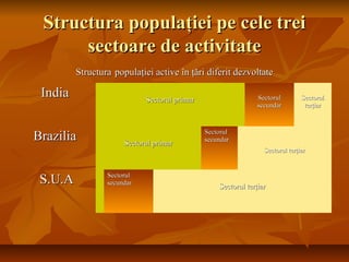 Structura populaStructura populaţţiei pe cele treiiei pe cele trei
sectoare de activitatesectoare de activitate
StructuraStructura populapopulaţiei active în ţări diferit dezvoltateţiei active în ţări diferit dezvoltate
IndiaIndia Sectorul primarSectorul primar SectorulSectorul
secundarsecundar
SectorulSectorul
terţiarterţiar
BraziliaBrazilia Sectorul primarSectorul primar
SectorulSectorul
secundarsecundar
Sectorul terţiarSectorul terţiar
S.U.AS.U.A SectorulSectorul
secundarsecundar
Sectorul terţiarSectorul terţiar
 
