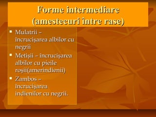 Forme intermediareForme intermediare
(amestecuri între rase)(amestecuri între rase)
 Mulatrii –Mulatrii –
încrucişarea albilor cuîncrucişarea albilor cu
negriinegrii
 Metişii – încrucişareaMetişii – încrucişarea
albilor cu pieilealbilor cu pieile
roşii(amerindienii)roşii(amerindienii)
 Zambos –Zambos –
încrucişareaîncrucişarea
indienilor cu negrii.indienilor cu negrii.
 