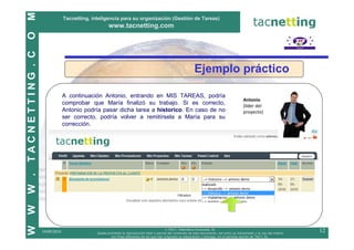 M
                              Tacnetting, inteligencia para su organización (Gestión de Tareas)
                                                   www.tacnetting.com
O
TACNETTING . C


                                                                                                            Ejemplo práctico

                              A continuación Antonio, entrando en MIS TAREAS, podría
                                                                                                                                            Antonio
                              comprobar que María finalizó su trabajo. Si es correcto,                                                      (líder del
                              Antonio podría pasar dicha tarea a historico. En caso de no                                                   proyecto)
                              ser correcto, podría volver a remitírsela a María para su
                              corrección.
W .
W
W




                                                                                          © TAC7, Telemática Avanzada, SL
                 19/09/2010                 Queda prohibida la reproducción total o parcial del contenido de este documento, así como su transmisión y el uso del mismo
                                                                                                                                                                          12
                                                    con fines diferentes de los que han originado su elaboración y entrega, sin el permiso escrito de TAC7, SL.
 