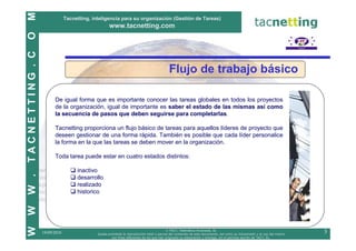 M
                              Tacnetting, inteligencia para su organización (Gestión de Tareas)
                                                   www.tacnetting.com
O
TACNETTING . C


                                                                                          Flujo de trabajo básico

                       De igual forma que es importante conocer las tareas globales en todos los proyectos
                       de la organización, igual de importante es saber el estado de las mismas así como
                       la secuencia de pasos que deben seguirse para completarlas.

                       Tacnetting proporciona un flujo básico de tareas para aquellos líderes de proyecto que
                       deseen gestionar de una forma rápida. También es posible que cada líder personalice
                       la forma en la que las tareas se deben mover en la organización.

                       Toda tarea puede estar en cuatro estados distintos:

                                   inactivo
W .




                                   desarrollo
                                   realizado
                                   historico
W
W




                                                                                          © TAC7, Telemática Avanzada, SL
                 19/09/2010                 Queda prohibida la reproducción total o parcial del contenido de este documento, así como su transmisión y el uso del mismo
                                                                                                                                                                          3
                                                    con fines diferentes de los que han originado su elaboración y entrega, sin el permiso escrito de TAC7, SL.
 