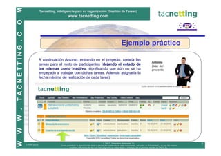 M
                              Tacnetting, inteligencia para su organización (Gestión de Tareas)
                                                   www.tacnetting.com
O
TACNETTING . C


                                                                                                            Ejemplo práctico

                              A continuación Antonio, entrando en el proyecto, crearía las
                                                                                                                                            Antonio
                              tareas para el resto de participantes (dejando el estado de                                                   (líder del
                              las mismas como inactivo, significando que aún no se ha                                                       proyecto)
                              empezado a trabajar con dichas tareas. Además asignaría la
                              fecha máxima de realización de cada tarea).
W .
W
W




                                                                                          © TAC7, Telemática Avanzada, SL
                 19/09/2010                 Queda prohibida la reproducción total o parcial del contenido de este documento, así como su transmisión y el uso del mismo
                                                                                                                                                                          7
                                                    con fines diferentes de los que han originado su elaboración y entrega, sin el permiso escrito de TAC7, SL.
 