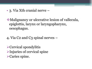 • 3. Via Xth cranial nerve –
Malignancy or ulcerative lesion of vallecula,
epiglottis, larynx or laryngopharynx,
oesophagus.
4. Via C2 and C3 spinal nerves –
Cervical spondylitis
Injuries of cervical spine
Caries spine.
 