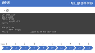 旭丘数理科学部
旭丘数理科学部
配列
• 例
OPTION BASE 0
DIM array(10)
FOR i = 0 TO 9
array(i) = 2*i
NEXT i
FOR j = 0 TO 9
PRINT array(j)
NEXT j //出力 0 2 4 6 8 10 12 14 16 18
0 2 4 6 8 10 12 14 16 18
index 0 1 2 3 4 5 6 7 8 9
 