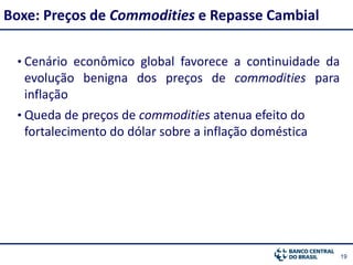 1919
• Cenário econômico global favorece a continuidade da
evolução benigna dos preços de commodities para
inflação
• Queda de preços de commodities atenua efeito do
fortalecimento do dólar sobre a inflação doméstica
Boxe: Preços de Commodities e Repasse Cambial
 