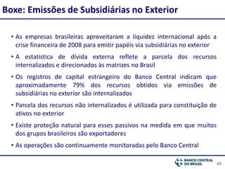 4343
• As empresas brasileiras aproveitaram a liquidez internacional após a
crise financeira de 2008 para emitir papéis via subsidiárias no exterior
• A estatística de dívida externa reflete a parcela dos recursos
internalizados e direcionados às matrizes no Brasil
• Os registros de capital estrangeiro do Banco Central indicam que
aproximadamente 79% dos recursos obtidos via emissões de
subsidiárias no exterior são internalizados
• Parcela dos recursos não internalizados é utilizada para constituição de
ativos no exterior
• Existe proteção natural para esses passivos na medida em que muitos
dos grupos brasileiros são exportadores
• As operações são continuamente monitoradas pelo Banco Central
Boxe: Emissões de Subsidiárias no Exterior
 