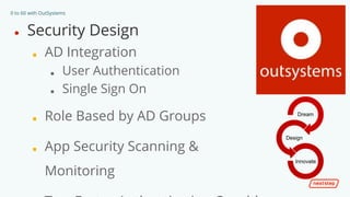 0 to 60 with OutSystems
● Security Design
■ AD Integration
■ User Authentication
■ Single Sign On
■ Role Based by AD Groups
■ App Security Scanning &
Monitoring
Dream
Design
Innovate
 