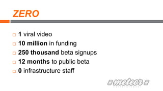ZERO
 1 viral video
 10 million in funding
 250 thousand beta signups
 12 months to public beta
 0 infrastructure staff
 