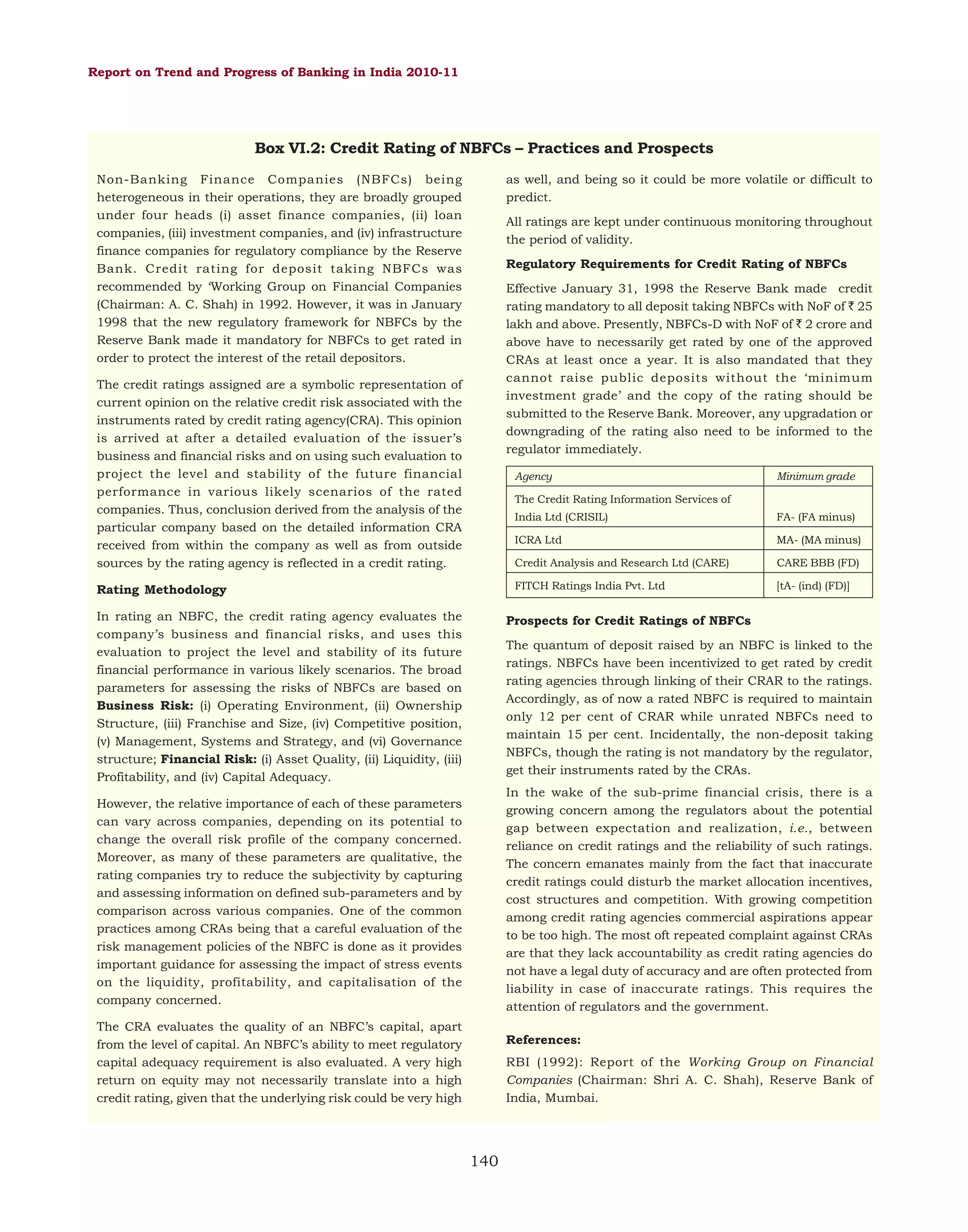 Report on Trend and Progress of Banking in India 2010-11

Box VI.2: Credit Rating of NBFCs – Practices and Prospects
as well, and being so it could be more volatile or difficult to
predict.

Non-Banking Finance Companies (NBFCs) being
heterogeneous in their operations, they are broadly grouped
under four heads (i) asset finance companies, (ii) loan
companies, (iii) investment companies, and (iv) infrastructure
finance companies for regulatory compliance by the Reserve
Bank. Credit rating for deposit taking NBFCs was
recommended by ‘Working Group on Financial Companies
(Chairman: A. C. Shah) in 1992. However, it was in January
1998 that the new regulatory framework for NBFCs by the
Reserve Bank made it mandatory for NBFCs to get rated in
order to protect the interest of the retail depositors.

All ratings are kept under continuous monitoring throughout
the period of validity.
Regulatory Requirements for Credit Rating of NBFCs
Effective January 31, 1998 the Reserve Bank made credit
rating mandatory to all deposit taking NBFCs with NoF of ` 25
lakh and above. Presently, NBFCs-D with NoF of ` 2 crore and
above have to necessarily get rated by one of the approved
CRAs at least once a year. It is also mandated that they
cannot raise public deposits without the ‘minimum
investment grade’ and the copy of the rating should be
submitted to the Reserve Bank. Moreover, any upgradation or
downgrading of the rating also need to be informed to the
regulator immediately.

The credit ratings assigned are a symbolic representation of
current opinion on the relative credit risk associated with the
instruments rated by credit rating agency(CRA). This opinion
is arrived at after a detailed evaluation of the issuer’s
business and financial risks and on using such evaluation to
project the level and stability of the future financial
performance in various likely scenarios of the rated
companies. Thus, conclusion derived from the analysis of the
particular company based on the detailed information CRA
received from within the company as well as from outside
sources by the rating agency is reflected in a credit rating.

Agency

Minimum grade

The Credit Rating Information Services of
India Ltd (CRISIL)

FA- (FA minus)

ICRA Ltd

MA- (MA minus)

Credit Analysis and Research Ltd (CARE)

Rating Methodology
In rating an NBFC, the credit rating agency evaluates the
company’s business and financial risks, and uses this
evaluation to project the level and stability of its future
financial performance in various likely scenarios. The broad
parameters for assessing the risks of NBFCs are based on
Business Risk: (i) Operating Environment, (ii) Ownership
Structure, (iii) Franchise and Size, (iv) Competitive position,
(v) Management, Systems and Strategy, and (vi) Governance
structure; Financial Risk: (i) Asset Quality, (ii) Liquidity, (iii)
Profitability, and (iv) Capital Adequacy.

CARE BBB (FD)

FITCH Ratings India Pvt. Ltd

[tA- (ind) (FD)]

Prospects for Credit Ratings of NBFCs
The quantum of deposit raised by an NBFC is linked to the
ratings. NBFCs have been incentivized to get rated by credit
rating agencies through linking of their CRAR to the ratings.
Accordingly, as of now a rated NBFC is required to maintain
only 12 per cent of CRAR while unrated NBFCs need to
maintain 15 per cent. Incidentally, the non-deposit taking
NBFCs, though the rating is not mandatory by the regulator,
get their instruments rated by the CRAs.
In the wake of the sub-prime financial crisis, there is a
growing concern among the regulators about the potential
gap between expectation and realization, i.e., between
reliance on credit ratings and the reliability of such ratings.
The concern emanates mainly from the fact that inaccurate
credit ratings could disturb the market allocation incentives,
cost structures and competition. With growing competition
among credit rating agencies commercial aspirations appear
to be too high. The most oft repeated complaint against CRAs
are that they lack accountability as credit rating agencies do
not have a legal duty of accuracy and are often protected from
liability in case of inaccurate ratings. This requires the
attention of regulators and the government.

However, the relative importance of each of these parameters
can vary across companies, depending on its potential to
change the overall risk profile of the company concerned.
Moreover, as many of these parameters are qualitative, the
rating companies try to reduce the subjectivity by capturing
and assessing information on defined sub-parameters and by
comparison across various companies. One of the common
practices among CRAs being that a careful evaluation of the
risk management policies of the NBFC is done as it provides
important guidance for assessing the impact of stress events
on the liquidity, profitability, and capitalisation of the
company concerned.
The CRA evaluates the quality of an NBFC’s capital, apart
from the level of capital. An NBFC’s ability to meet regulatory
capital adequacy requirement is also evaluated. A very high
return on equity may not necessarily translate into a high
credit rating, given that the underlying risk could be very high

References:
RBI (1992): Report of the Working Group on Financial
Companies (Chairman: Shri A. C. Shah), Reserve Bank of
India, Mumbai.

140

 
