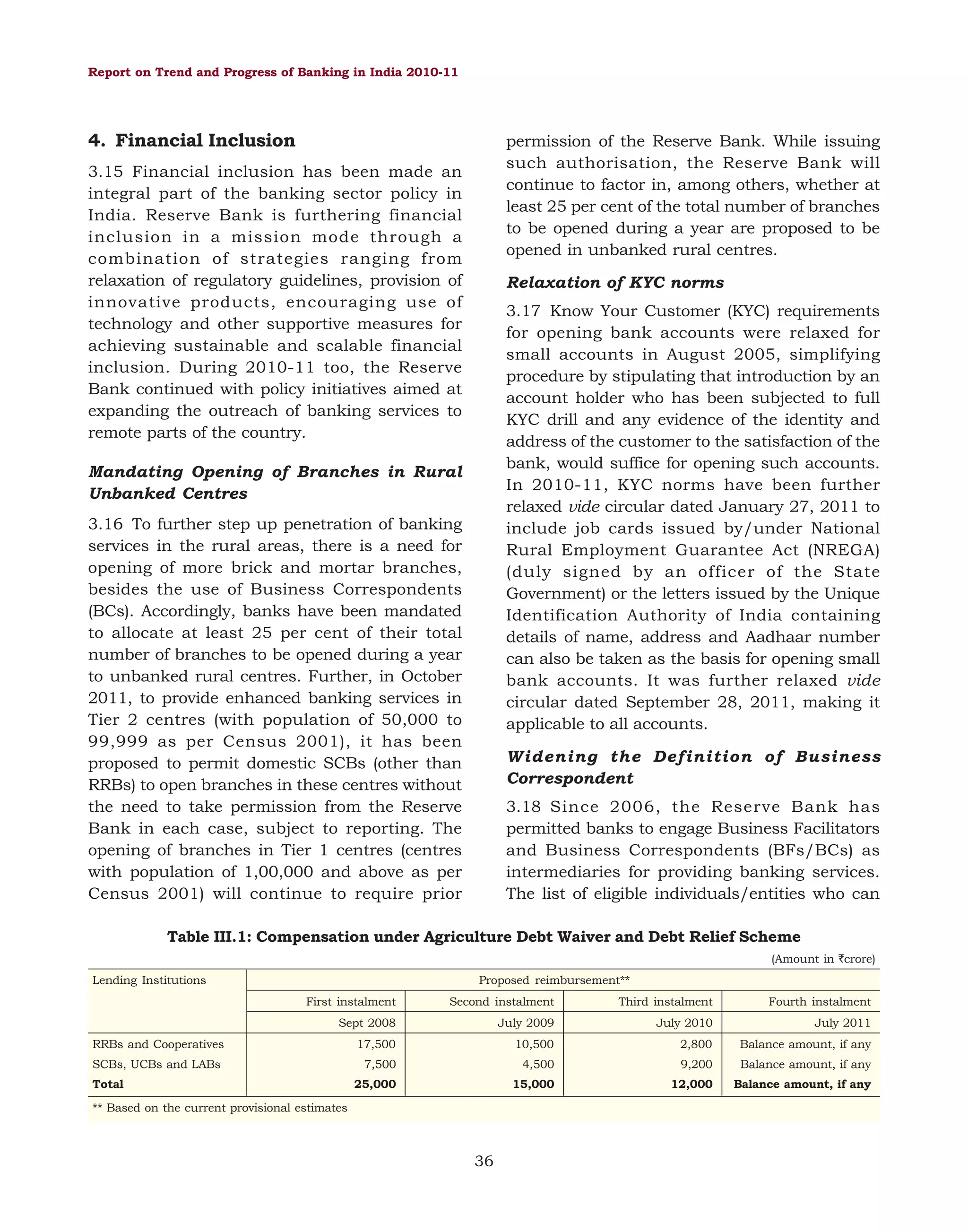 Report on Trend and Progress of Banking in India 2010-11

4. Financial Inclusion

permission of the Reserve Bank. While issuing
such authorisation, the Reserve Bank will
continue to factor in, among others, whether at
least 25 per cent of the total number of branches
to be opened during a year are proposed to be
opened in unbanked rural centres.

3.15 Financial inclusion has been made an
integral part of the banking sector policy in
India. Reserve Bank is furthering financial
inclusion in a mission mode through a
combination of strategies ranging from
relaxation of regulatory guidelines, provision of
innovative products, encouraging use of
technology and other supportive measures for
achieving sustainable and scalable financial
inclusion. During 2010-11 too, the Reserve
Bank continued with policy initiatives aimed at
expanding the outreach of banking services to
remote parts of the country.

Relaxation of KYC norms
3.17 Know Your Customer (KYC) requirements
for opening bank accounts were relaxed for
small accounts in August 2005, simplifying
procedure by stipulating that introduction by an
account holder who has been subjected to full
KYC drill and any evidence of the identity and
address of the customer to the satisfaction of the
bank, would suffice for opening such accounts.
In 2010-11, KYC norms have been further
relaxed vide circular dated January 27, 2011 to
include job cards issued by/under National
Rural Employment Guarantee Act (NREGA)
(duly signed by an officer of the State
Government) or the letters issued by the Unique
Identification Authority of India containing
details of name, address and Aadhaar number
can also be taken as the basis for opening small
bank accounts. It was further relaxed vide
circular dated September 28, 2011, making it
applicable to all accounts.

Mandating Opening of Branches in Rural
Unbanked Centres
3.16 To further step up penetration of banking
services in the rural areas, there is a need for
opening of more brick and mortar branches,
besides the use of Business Correspondents
(BCs). Accordingly, banks have been mandated
to allocate at least 25 per cent of their total
number of branches to be opened during a year
to unbanked rural centres. Further, in October
2011, to provide enhanced banking services in
Tier 2 centres (with population of 50,000 to
99,999 as per Census 2001), it has been
proposed to permit domestic SCBs (other than
RRBs) to open branches in these centres without
the need to take permission from the Reserve
Bank in each case, subject to reporting. The
opening of branches in Tier 1 centres (centres
with population of 1,00,000 and above as per
Census 2001) will continue to require prior

Widening the Definition of Business
Correspondent
3.18 Since 2006, the Reserve Bank has
permitted banks to engage Business Facilitators
and Business Correspondents (BFs/BCs) as
intermediaries for providing banking services.
The list of eligible individuals/entities who can

Table III.1: Compensation under Agriculture Debt Waiver and Debt Relief Scheme
(Amount in `crore)
Lending Institutions

Proposed reimbursement**
First instalment

Second instalment

Third instalment

Sept 2008

July 2009

July 2010

July 2011

17,500

10,500

2,800

Balance amount, if any

RRBs and Cooperatives
SCBs, UCBs and LABs
Total

Fourth instalment

7,500

4,500

9,200

Balance amount, if any

25,000

15,000

12,000

Balance amount, if any

** Based on the current provisional estimates

36

 