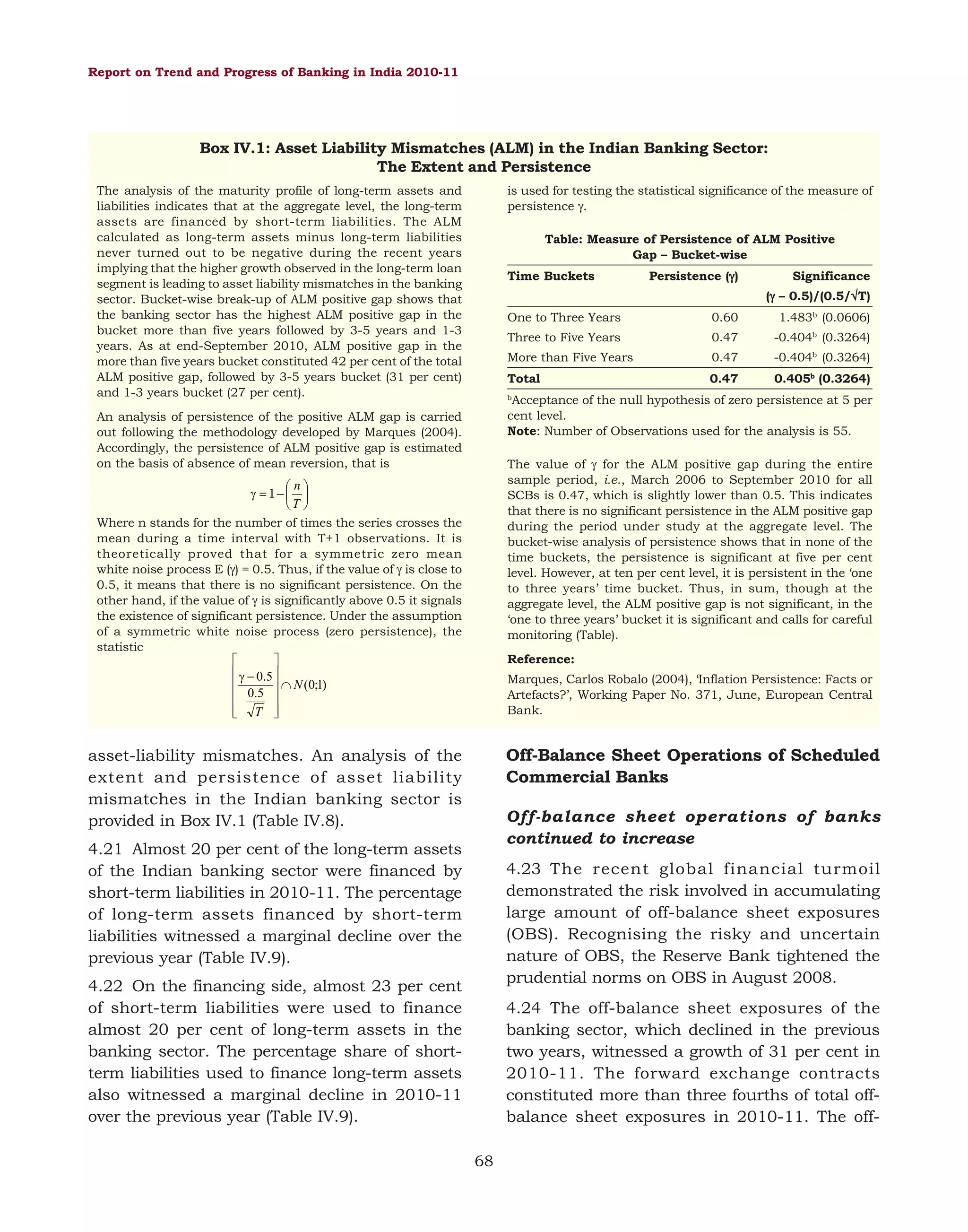 Report on Trend and Progress of Banking in India 2010-11

Box IV.1: Asset Liability Mismatches (ALM) in the Indian Banking Sector:
The Extent and Persistence
The analysis of the maturity profile of long-term assets and
liabilities indicates that at the aggregate level, the long-term
assets are financed by short-term liabilities. The ALM
calculated as long-term assets minus long-term liabilities
never turned out to be negative during the recent years
implying that the higher growth observed in the long-term loan
segment is leading to asset liability mismatches in the banking
sector. Bucket-wise break-up of ALM positive gap shows that
the banking sector has the highest ALM positive gap in the
bucket more than five years followed by 3-5 years and 1-3
years. As at end-September 2010, ALM positive gap in the
more than five years bucket constituted 42 per cent of the total
ALM positive gap, followed by 3-5 years bucket (31 per cent)
and 1-3 years bucket (27 per cent).

is used for testing the statistical significance of the measure of
persistence γ.
Table: Measure of Persistence of ALM Positive
Gap – Bucket-wise
Time Buckets

Persistence (γ)
γ

Significance
(γ – 0.5)/(0.5/√T)
γ
√

One to Three Years

0.60

1.483b (0.0606)

Three to Five Years

0.47

-0.404b (0.3264)

More than Five Years

0.47

-0.404b (0.3264)

Total

0.47

0.405b (0.3264)

b
Acceptance of the null hypothesis of zero persistence at 5 per
cent level.
Note: Number of Observations used for the analysis is 55.

An analysis of persistence of the positive ALM gap is carried
out following the methodology developed by Marques (2004).
Accordingly, the persistence of ALM positive gap is estimated
on the basis of absence of mean reversion, that is

The value of γ for the ALM positive gap during the entire
sample period, i.e., March 2006 to September 2010 for all
SCBs is 0.47, which is slightly lower than 0.5. This indicates
that there is no significant persistence in the ALM positive gap
during the period under study at the aggregate level. The
bucket-wise analysis of persistence shows that in none of the
time buckets, the persistence is significant at five per cent
level. However, at ten per cent level, it is persistent in the ‘one
to three years’ time bucket. Thus, in sum, though at the
aggregate level, the ALM positive gap is not significant, in the
‘one to three years’ bucket it is significant and calls for careful
monitoring (Table).

⎛n⎞
γ = 1− ⎜ ⎟
⎝T ⎠
Where n stands for the number of times the series crosses the
mean during a time interval with T+1 observations. It is
theoretically proved that for a symmetric zero mean
white noise process E (γ) = 0.5. Thus, if the value of γ is close to
0.5, it means that there is no significant persistence. On the
other hand, if the value of γ is significantly above 0.5 it signals
the existence of significant persistence. Under the assumption
of a symmetric white noise process (zero persistence), the
statistic
⎤
⎡
⎢ γ − 0.5 ⎥
⎥ ∩ N (0;1)
⎢
⎢ 0.5 ⎥
⎢ T ⎥
⎦
⎣

Reference:
Marques, Carlos Robalo (2004), ‘Inflation Persistence: Facts or
Artefacts?’, Working Paper No. 371, June, European Central
Bank.

Off-Balance Sheet Operations of Scheduled
Commercial Banks

asset-liability mismatches. An analysis of the
extent and persistence of asset liability
mismatches in the Indian banking sector is
provided in Box IV.1 (Table IV.8).

Off-balance sheet operations of banks
continued to increase

4.21 Almost 20 per cent of the long-term assets
of the Indian banking sector were financed by
short-term liabilities in 2010-11. The percentage
of long-term assets financed by short-term
liabilities witnessed a marginal decline over the
previous year (Table IV.9).

4.23 The recent global financial turmoil
demonstrated the risk involved in accumulating
large amount of off-balance sheet exposures
(OBS). Recognising the risky and uncertain
nature of OBS, the Reserve Bank tightened the
prudential norms on OBS in August 2008.

4.22 On the financing side, almost 23 per cent
of short-term liabilities were used to finance
almost 20 per cent of long-term assets in the
banking sector. The percentage share of shortterm liabilities used to finance long-term assets
also witnessed a marginal decline in 2010-11
over the previous year (Table IV.9).

4.24 The off-balance sheet exposures of the
banking sector, which declined in the previous
two years, witnessed a growth of 31 per cent in
2010-11. The forward exchange contracts
constituted more than three fourths of total offbalance sheet exposures in 2010-11. The off68

 