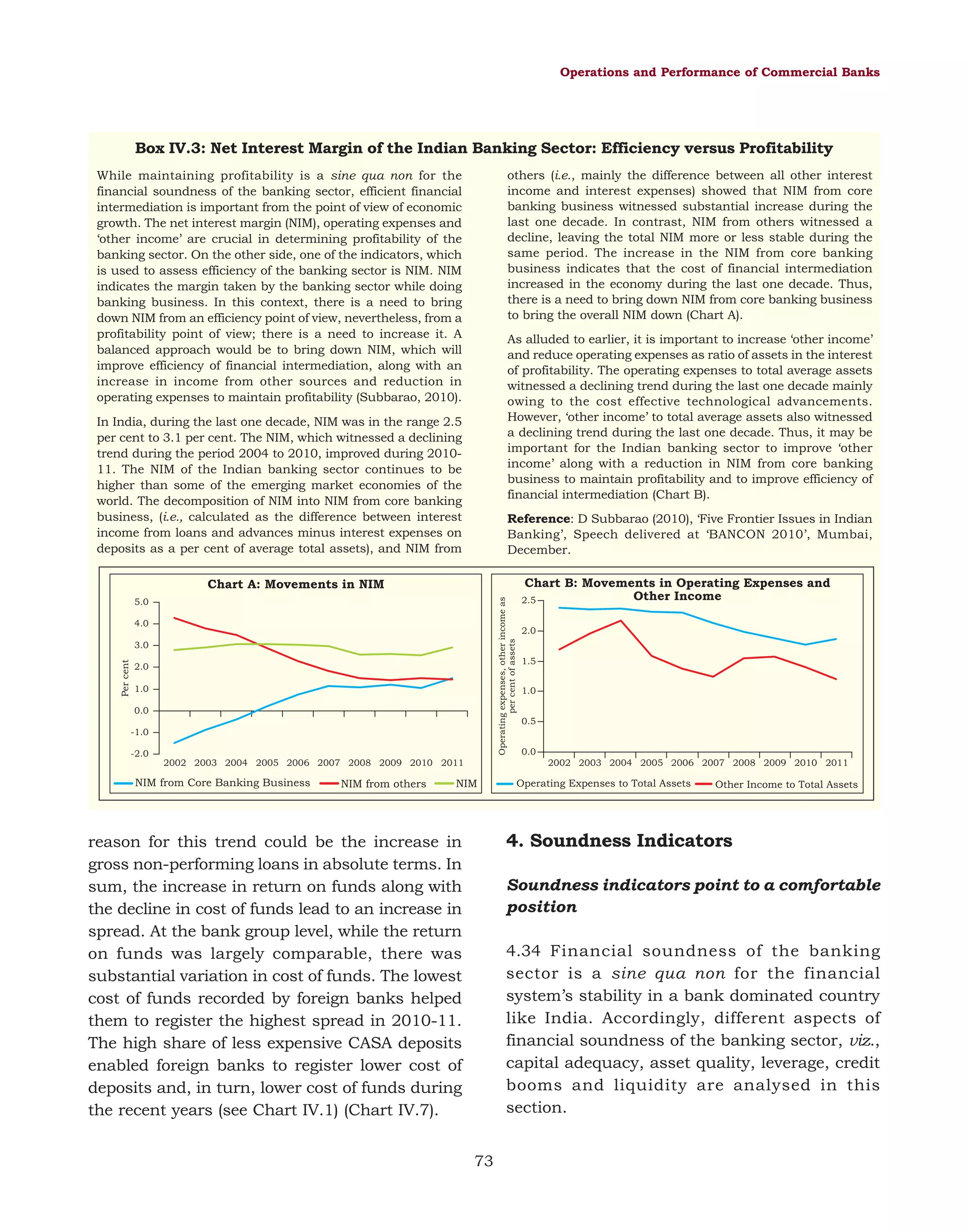 Operations and Performance of Commercial Banks

Box IV.3: Net Interest Margin of the Indian Banking Sector: Efficiency versus Profitability
others (i.e., mainly the difference between all other interest
income and interest expenses) showed that NIM from core
banking business witnessed substantial increase during the
last one decade. In contrast, NIM from others witnessed a
decline, leaving the total NIM more or less stable during the
same period. The increase in the NIM from core banking
business indicates that the cost of financial intermediation
increased in the economy during the last one decade. Thus,
there is a need to bring down NIM from core banking business
to bring the overall NIM down (Chart A).

While maintaining profitability is a sine qua non for the
financial soundness of the banking sector, efficient financial
intermediation is important from the point of view of economic
growth. The net interest margin (NIM), operating expenses and
‘other income’ are crucial in determining profitability of the
banking sector. On the other side, one of the indicators, which
is used to assess efficiency of the banking sector is NIM. NIM
indicates the margin taken by the banking sector while doing
banking business. In this context, there is a need to bring
down NIM from an efficiency point of view, nevertheless, from a
profitability point of view; there is a need to increase it. A
balanced approach would be to bring down NIM, which will
improve efficiency of financial intermediation, along with an
increase in income from other sources and reduction in
operating expenses to maintain profitability (Subbarao, 2010).

As alluded to earlier, it is important to increase ‘other income’
and reduce operating expenses as ratio of assets in the interest
of profitability. The operating expenses to total average assets
witnessed a declining trend during the last one decade mainly
owing to the cost effective technological advancements.
However, ‘other income’ to total average assets also witnessed
a declining trend during the last one decade. Thus, it may be
important for the Indian banking sector to improve ‘other
income’ along with a reduction in NIM from core banking
business to maintain profitability and to improve efficiency of
financial intermediation (Chart B).

In India, during the last one decade, NIM was in the range 2.5
per cent to 3.1 per cent. The NIM, which witnessed a declining
trend during the period 2004 to 2010, improved during 201011. The NIM of the Indian banking sector continues to be
higher than some of the emerging market economies of the
world. The decomposition of NIM into NIM from core banking
business, (i.e., calculated as the difference between interest
income from loans and advances minus interest expenses on
deposits as a per cent of average total assets), and NIM from

Reference: D Subbarao (2010), ‘Five Frontier Issues in Indian
Banking’, Speech delivered at ‘BANCON 2010’, Mumbai,
December.

Operating expenses, other income as
per cent of assets

Chart A: Movements in NIM
5.0
4.0

Per cent

3.0
2.0
1.0
0.0
-1.0
-2.0
2002 2003 2004 2005 2006 2007 2008 2009 2010 2011

NIM from Core Banking Business

NIM from others

Chart B: Movements in Operating Expenses and
Other Income

2.5
2.0
1.5
1.0
0.5
0.0

2002 2003 2004 2005 2006 2007 2008 2009 2010 2011

NIM

Operating Expenses to Total Assets

Other Income to Total Assets

4. Soundness Indicators

reason for this trend could be the increase in
gross non-performing loans in absolute terms. In
sum, the increase in return on funds along with
the decline in cost of funds lead to an increase in
spread. At the bank group level, while the return
on funds was largely comparable, there was
substantial variation in cost of funds. The lowest
cost of funds recorded by foreign banks helped
them to register the highest spread in 2010-11.
The high share of less expensive CASA deposits
enabled foreign banks to register lower cost of
deposits and, in turn, lower cost of funds during
the recent years (see Chart IV.1) (Chart IV.7).

Soundness indicators point to a comfortable
position
4.34 Financial soundness of the banking
sector is a sine qua non for the financial
system’s stability in a bank dominated country
like India. Accordingly, different aspects of
financial soundness of the banking sector, viz.,
capital adequacy, asset quality, leverage, credit
booms and liquidity are analysed in this
section.
73

 