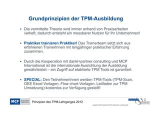 Grundprinzipien der TPM-Ausbildung
Die vermittelte Theorie wird immer anhand von Praxisarbeiten
vertieft, dadurch entsteht ein messbarer Nutzen für Ihr Unternehmen!

Praktiker trainieren Praktiker! Das Trainerteam setzt sich aus
erfahrenen TrainerInnen mit langjähriger praktischer Erfahrung
zusammen.

Durch die Kooperation mit dankl+partner consulting und MCP
International ist die internationale Ausrichtung der Ausbildung
gewährleistet – ein Zugriff auf etablierte TPM Tools ist garantiert.

SPECIAL: Den TeilnehmerInnen werden TPM-Tools (TPM-Scan,
OEE Excel Vorlagen, Flow chart-Vorlagen, Leitfaden zur TPM
Umsetzung) kostenlos zur Verfügung gestellt!


                                                                                                             2
    Prinzipien des TPM-Lehrganges 2012
                                          copyright by MCP Deutschland GmbH; dankl+partner consulting gmbh
 