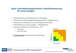 Tag 6: Instandhaltungsprävention, Anlaufüberwachung
       bei neuen Anlagen


   Risikoscreening und Ableitung von IH-Strategien
   Nutzung der Schwachstellanalyseergebnisse für Anlageneinkauf
   Einbezug der Mitarbeiter bei neuen Anlageninvestitionen
   Beschaffung von neuen Anlagen – Erfolgsfaktoren
   Check der Kriterien für IH-Prävention; z.B.:
         Standards,
         Lifecycle-Costs


   Gruppenarbeit: Risikomatrix für Pilotanlage,




                                                                                                                  9
    Sechster Tag des TPM-Lehrganges 2013
                                               copyright by MCP Deutschland GmbH; dankl+partner consulting gmbh
 