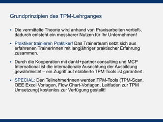 Grundprinzipien des TPM-Lehrganges
!  Die vermittelte Theorie wird anhand von Praxisarbeiten
vertieft-, dadurch entsteht ein messbarer Nutzen für Ihr
Unternehmen!
!  Praktiker trainieren Praktiker! Das Trainerteam setzt
sich aus erfahrenen TrainerInnen mit langjähriger
praktischer Erfahrung zusammen.
!  Durch die Kooperation mit dankl+partner consulting und
MCP International ist die internationale Ausrichtung der
Ausbildung gewährleistet – ein Zugriff auf etablierte TPM
Tools ist garantiert.
!  SPECIAL: Den TeilnehmerInnen werden TPM-Tools (TPM-
Scan, OEE Excel Vorlagen, Flow Chart-Vorlagen, Leitfaden
zur TPM Umsetzung) kostenlos zur Verfügung gestellt!
 