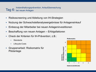  Risikoscreening und Ableitung von IH-Strategien
 Nutzung der Schwachstellanalyseergebnisse für Anlageneinkauf
 Einbezug der Mitarbeiter bei neuen Anlageninvestitionen
 Beschaffung von neuen Anlagen – Erfolgsfaktoren
 Check der Kriterien für IH-Prävention; z.B.:
 Standards
 Lifecycle-Costs
 Gruppenarbeit: Risikomatrix für
Pilotanlage
Tag 6:
Instandhaltungsprävention, Anlaufüberwachung
bei neuen Anlagen
 