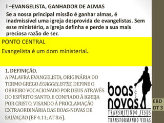 1.DEFINIÇÃO.
APALAVRAEVANGELISTA,ORIGINÁRIADO
TERMOGREGOEUAGGELISTES,DEFINEO
OBREIROVOCACIONADOPORDEUSATRAVÉS
DOESPÍRITOSANTO,ECONFIADOÀIGREJA
PORCRISTO,VISANDOÀPROCLAMAÇÃO
EXTRAORDINÁRIADASBOAS-NOVASDE
SALVAÇÃO(EF4.11;AT8.6).
l –EVANGELISTA, GANHADOR DE ALMAS
Se a nossa principal missão é ganhar almas, é
inadmissível uma igreja desprovida de evangelistas. Sem
esse ministério, a igreja definha e perde a sua mais
preciosa razão de ser.
PONTO CENTRAL
Evangelista é um dom ministerial.
EBD
DT 3
 