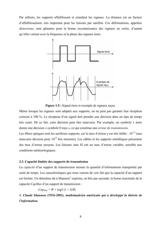 8
Par ailleurs, les supports affaiblissent et retardent les signaux. La distance est un facteur
d’affaiblissement, très important pour les liaisons par satellite. Ces déformations, appelées
distorsions, sont gênantes pour la bonne reconnaissance des signaux en sortie, d’autant
qu’elles varient avec la fréquence et la phase des signaux émis.
Figure 1.5 : Signal émis et exemple de signaux reçus.
Même lorsque les signaux sont adaptés aux supports, on ne peut pas garantir leur réception
correcte à 100 %. Le récepteur d’un signal doit prendre une décision dans un laps de temps
très court. De ce fait, cette décision peut être mauvaise. Par exemple, un symbole 1 émis
donne une décision « symbole 0 reçu », ce qui constitue une erreur de transmission.
Les fibres optiques sont les meilleurs supports, car le taux d’erreur y est très faible : 10-12
(une
mauvaise décision pour 1012
bits transmis). Les câbles et les supports métalliques présentent
des taux d’erreur moyens. Les liaisons sans fil ont un taux d’erreur variable, sensible aux
conditions météorologiques.
2.3. Capacité limitée des supports de transmission
La capacité d’un support de transmission mesure la quantité d’informations transportée par
unité de temps. Les caractéristiques que nous venons de voir fait que la capacité d’un support
est limitée. Un théorème dû à Shannon1
exprime, en bits par seconde, la borne maximale de la
capacité CapMax d’un support de transmission :
CapMax = W × log2 (1 + S/B)
1. Claude Shannon (1916-2001), mathématicien américain qui a développé la théorie de
l’information.
 