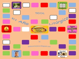 Navidad
Pascua
TRIVIAL
Adviento
Cuaresma
T. Ordinario
Evangelios
Santos
Mártires
Iglesia
Eucaristía
Virgen
María
PREGUNTA
FINAL
 