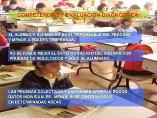 COMPETENCIAS Y EVALUACIÓN DIAGNÓSTICA   EL ALUMNO/A ALUMNA NO ES EL REPONSABLE DEL FRACASO  Y MENOS A EDADES TEMPRANAS. NO SE PUEDE MEDIR EL ÉXITO O FRACASO DEL SISTEMA CON  PRUEBAS DE RESULTADOS Y SÓLO AL ALUMNADO. LAS PRUEBAS COLECTIVAS Y UNIFORMES APORTAN POCOS  DATOS INDIVIDUALES . MENOS SI SE CENTRAN SÓLO  EN DETERMINADAS ÁREAS . 