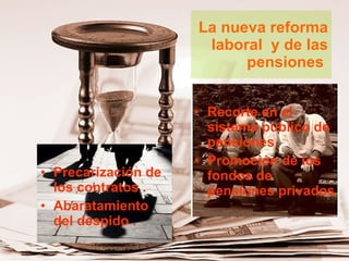 La nueva reforma laboral  y de las pensiones  Precarización de los contratos . Abaratamiento del despido . Recorte en el sistema público de pensiones Promoción de los fondos de pensiones privados   