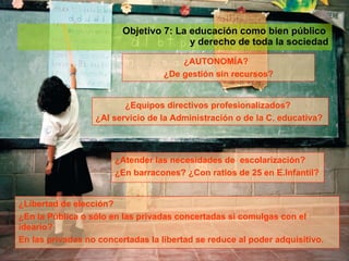 Objetivo 7: La educación como bien público    y derecho de toda la sociedad ¿AUTONOMÍA?  ¿De gestión sin recursos? ¿Equipos directivos profesionalizados?  ¿Al servicio de la Administración o de la C. educativa? ¿Atender las necesidades de  escolarización?  ¿En barracones? ¿Con ratios de 25 en E.Infantil? ¿Libertad de elección?  ¿En la Pública o sólo en las privadas concertadas si comulgas con el ideario?  En las privadas no concertadas la libertad se reduce al poder adquisitivo.  