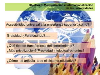 Objetivo 8: Modernización e internacionalización  de las universidades  Accesibilidad universal a la enseñanza superior ¿cómo? Gratuidad ¿Para cuándo?  ¿Qué tipo de transferencia del conocimiento?  ¿Más privatización?(Propiedad intelectual-patentes? ¿Cómo  se articula  todo el sistema educativo? 