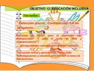 OBJETIVO 12: EDUCACIÓN INCLUSIVA Tres medidas : Detección precoz . Contradicción 0-6 no obligatorio.  Recursos de apoyo para el alumnado con discapacidad? Y para el resto de NEE y “compensatoria”?  (Desigualdades sociales y diversidad cultural) Formación inicial y permanente. Hacen falta investigaciones y estudios que orienten la tarea de los docentes. 