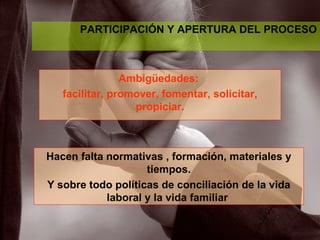 PARTICIPACIÓN Y APERTURA DEL PROCESO Ambigüedades:  facilitar, promover, fomentar, solicitar, propiciar. Hacen falta normativas , formación, materiales y tiempos. Y sobre todo políticas de conciliación de la vida laboral y la vida familiar   
