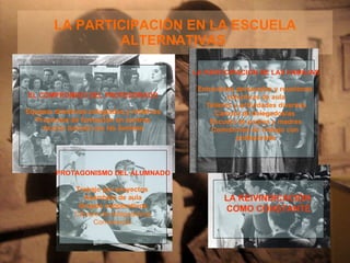 LA PARTICIPACIÓN EN LA ESCUELA ALTERNATIVAS   LA REIVINDICACIÓN  COMO CONSTANTE LA PARTICIPACIÓN DE LAS FAMILIAS Entrevistas personales y reuniones  colectivas de aula Talleres y actividades diversas Cámara de delegados/as  Escuela de padres y madres Comisiones de trabajo con  profesorado EL COMPROMISO DEL PROFESORADO Equipos directivos colegiados y rotativos Proyectos de formación en centros Acción tutorial con las familias PROTAGONISMO DEL ALUMNADO Trabajo por proyectos  Asamblea de aula Grupos cooperativos Cámara de delegados/as Convivencia  