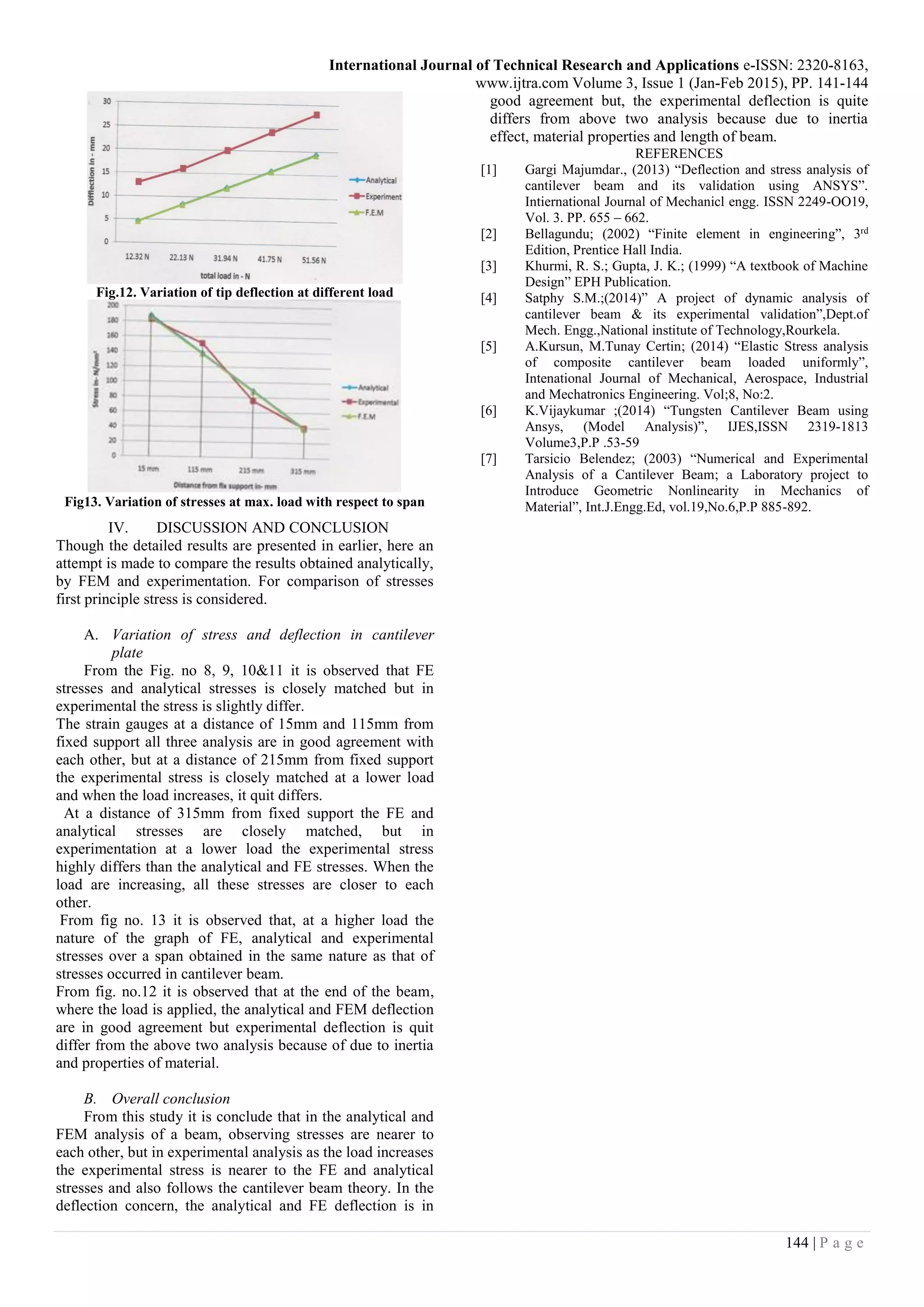 International Journal of Technical Research and Applications e-ISSN: 2320-8163,
www.ijtra.com Volume 3, Issue 1 (Jan-Feb 2015), PP. 141-144
144 | P a g e
Fig.12. Variation of tip deflection at different load
Fig13. Variation of stresses at max. load with respect to span
IV. DISCUSSION AND CONCLUSION
Though the detailed results are presented in earlier, here an
attempt is made to compare the results obtained analytically,
by FEM and experimentation. For comparison of stresses
first principle stress is considered.
A. Variation of stress and deflection in cantilever
plate
From the Fig. no 8, 9, 10&11 it is observed that FE
stresses and analytical stresses is closely matched but in
experimental the stress is slightly differ.
The strain gauges at a distance of 15mm and 115mm from
fixed support all three analysis are in good agreement with
each other, but at a distance of 215mm from fixed support
the experimental stress is closely matched at a lower load
and when the load increases, it quit differs.
At a distance of 315mm from fixed support the FE and
analytical stresses are closely matched, but in
experimentation at a lower load the experimental stress
highly differs than the analytical and FE stresses. When the
load are increasing, all these stresses are closer to each
other.
From fig no. 13 it is observed that, at a higher load the
nature of the graph of FE, analytical and experimental
stresses over a span obtained in the same nature as that of
stresses occurred in cantilever beam.
From fig. no.12 it is observed that at the end of the beam,
where the load is applied, the analytical and FEM deflection
are in good agreement but experimental deflection is quit
differ from the above two analysis because of due to inertia
and properties of material.
B. Overall conclusion
From this study it is conclude that in the analytical and
FEM analysis of a beam, observing stresses are nearer to
each other, but in experimental analysis as the load increases
the experimental stress is nearer to the FE and analytical
stresses and also follows the cantilever beam theory. In the
deflection concern, the analytical and FE deflection is in
good agreement but, the experimental deflection is quite
differs from above two analysis because due to inertia
effect, material properties and length of beam.
REFERENCES
[1] Gargi Majumdar., (2013) “Deflection and stress analysis of
cantilever beam and its validation using ANSYS”.
Intiernational Journal of Mechanicl engg. ISSN 2249-OO19,
Vol. 3. PP. 655 – 662.
[2] Bellagundu; (2002) “Finite element in engineering”, 3rd
Edition, Prentice Hall India.
[3] Khurmi, R. S.; Gupta, J. K.; (1999) “A textbook of Machine
Design” EPH Publication.
[4] Satphy S.M.;(2014)” A project of dynamic analysis of
cantilever beam & its experimental validation”,Dept.of
Mech. Engg.,National institute of Technology,Rourkela.
[5] A.Kursun, M.Tunay Certin; (2014) “Elastic Stress analysis
of composite cantilever beam loaded uniformly”,
Intenational Journal of Mechanical, Aerospace, Industrial
and Mechatronics Engineering. Vol;8, No:2.
[6] K.Vijaykumar ;(2014) “Tungsten Cantilever Beam using
Ansys, (Model Analysis)”, IJES,ISSN 2319-1813
Volume3,P.P .53-59
[7] Tarsicio Belendez; (2003) “Numerical and Experimental
Analysis of a Cantilever Beam; a Laboratory project to
Introduce Geometric Nonlinearity in Mechanics of
Material”, Int.J.Engg.Ed, vol.19,No.6,P.P 885-892.
 