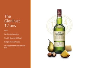 The
Glenlivet
12 ans
40%
Ex-fûts de bourbon
Fruité, doux et déllicat
Simple mais efficace
Le single malt qui a lancé le
bal
 