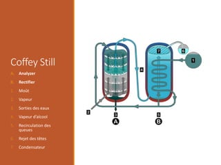 Coffey Still
A. Analyzer
B. Rectifier
1. Moût
2. Vapeur
3. Sorties des eaux
4. Vapeur d’alcool
5. Recirculation des
queues
6. Rejet des têtes
7. Condensateur
 