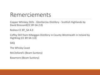 Remerciements
Copper Whiskey Stills - Glenfarclas Distillery - Scottish Highlands by
David Brossard(CC BY-SA 2.0)
Redrex CC BY_SA 4.0
Coffey Still from Kilbeggan Distillery in County Westmeath in Ireland by
HighKing (CC BY-SA 3.0)
SAQ
The Whisky Coast
McClelland’s (Beam Suntory)
Bowmore (Beam Suntory)
 