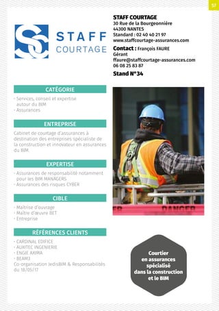 CATÉGORIE
• Services, conseil et expertise
autour du BIM
• Assurances
ENTREPRISE
Cabinet de courtage d’assurances à
destination des entreprises spécialiste de
la construction et innovateur en assurances
du BIM.
EXPERTISE
• Assurances de responsabilité notamment
pour les BIM MANAGERS
• Assurances des risques CYBER
CIBLE
• Maîtrise d’ouvrage
• Maître d’œuvre BET
• Entreprise
RÉFÉRENCES CLIENTS
• CARDINAL EDIFICE
• AUXITEC INGENIERIE
• ENGIE AXIMA
• BEAM3
Co-organisation JedisBIM  Responsabilités
du 18/05/17
STAFF COURTAGE
30 Rue de la Bourgeonnière
44300 NANTES
Standard : 02 40 40 21 97
www.staffcourtage-assurances.com
Contact : François FAURE
Gérant
ffaure@staffcourtage-assurances.com
06 08 25 83 87
Stand N°34
Courtier
en assurances
spécialisé
dans la construction
et le BIM
57
 