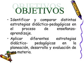 • Identificar y comparar distintas
estrategias didáctico-pedagógicas en
el proceso de enseñanza-
aprendizaje.
• Aplicar diferentes estrategias
didáctico- pedagógicas en la
planeación, desarrollo y evaluación de
una materia.
 