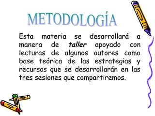Esta materia se desarrollará a
manera de taller apoyado con
lecturas de algunos autores como
base teórica de las estrategias y
recursos que se desarrollarán en las
tres sesiones que compartiremos.
 