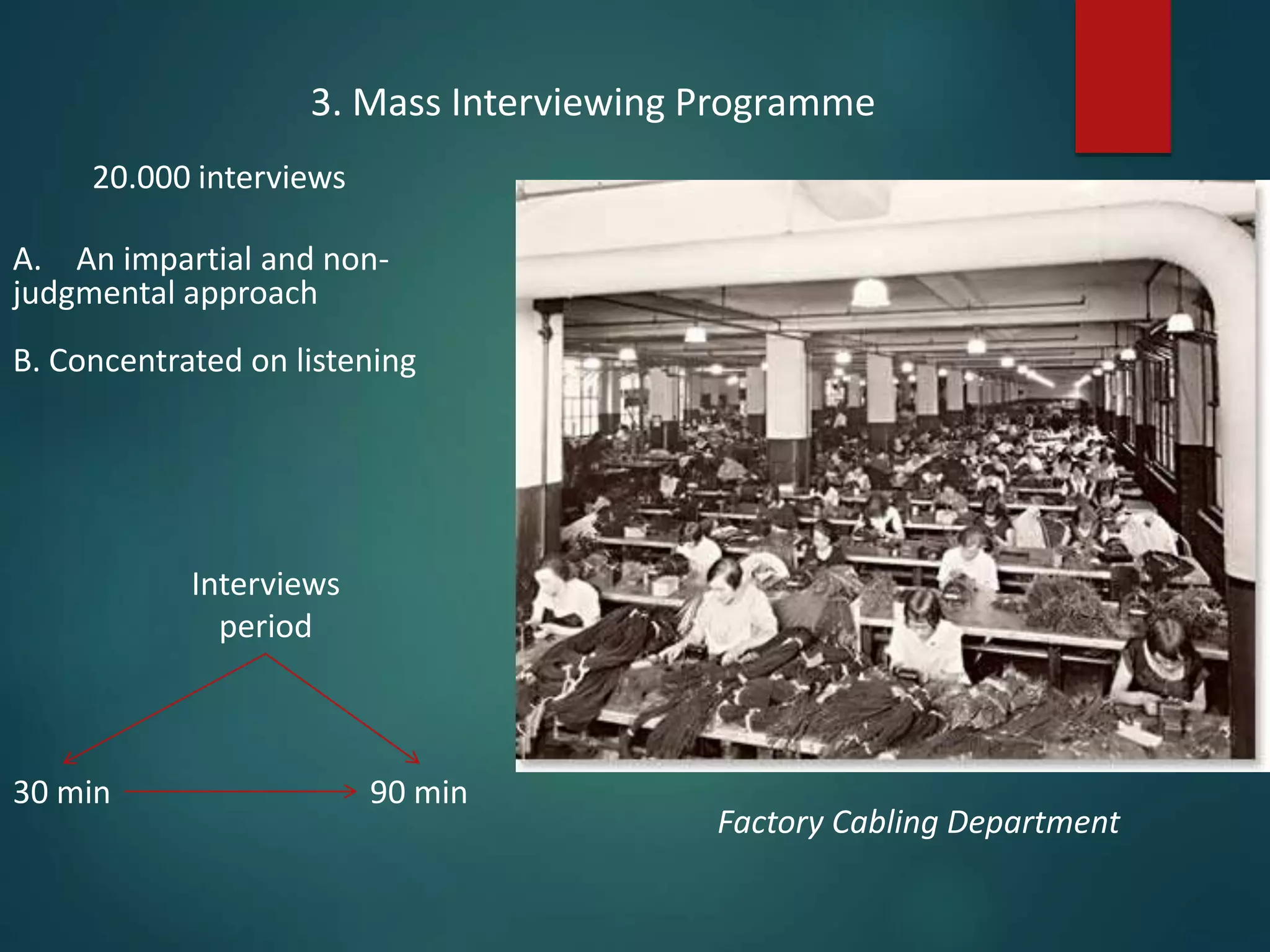3. Mass Interviewing Programme
Factory Cabling Department
Interviews
period
30 min
20.000 interviews
90 min
A. An impartial and non-
judgmental approach
B. Concentrated on listening
 
