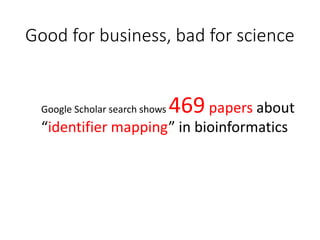 Good for business, bad for science
Google Scholar search shows 469 papers about
“identifier mapping” in bioinformatics
 