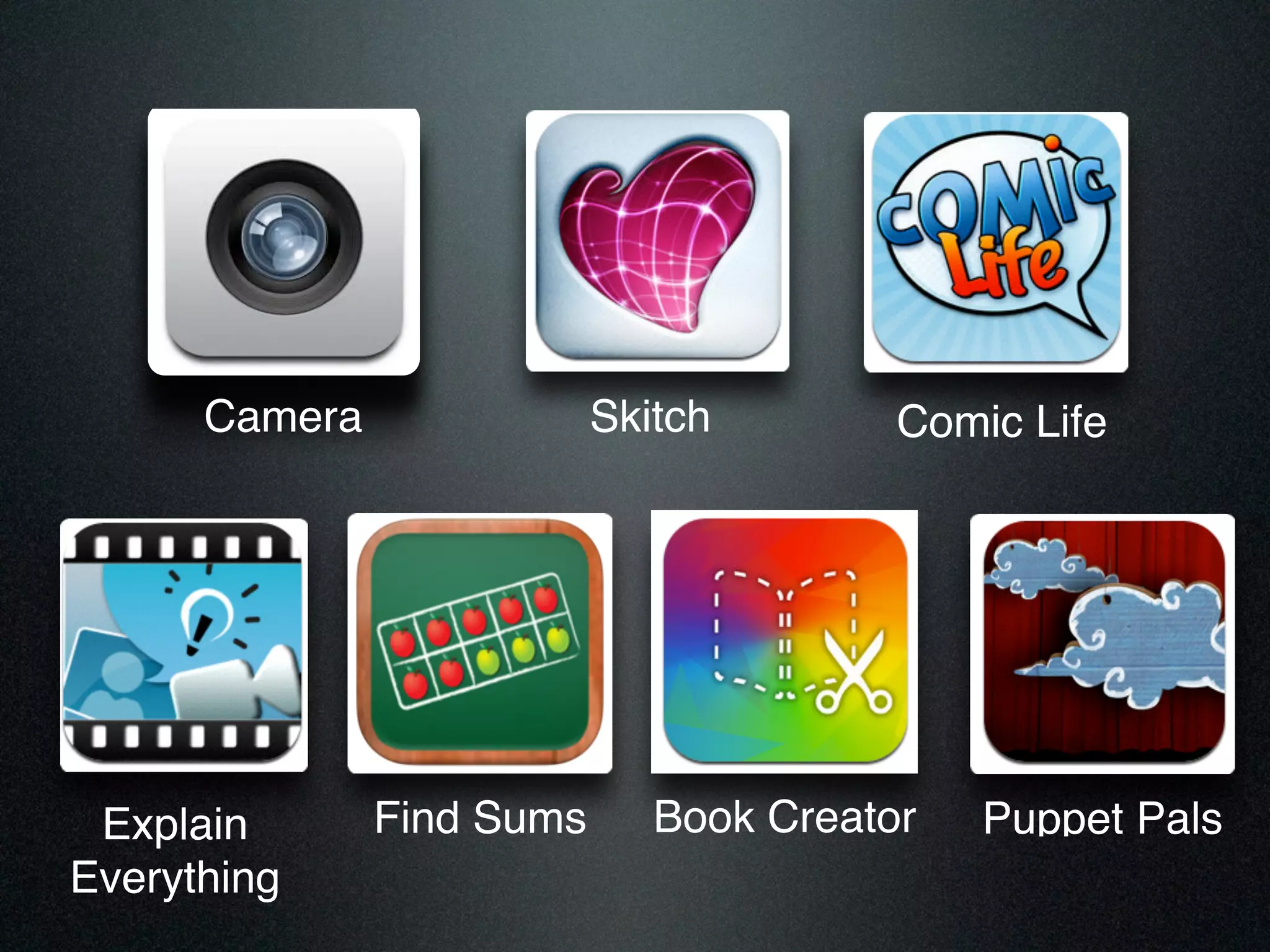 Camera Comic LifeSkitch
Book CreatorExplain
Everything
Puppet PalsFind Sums
 