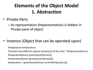 Elements of the Object Model
1. Abstraction
• Private Parts
– Its representation (Implementation) is Hidden in
Private parts of object
• Instance (Object that can be operated upon)
Temperature temperature;
//Creates two different objects (instances) of the class “TemperatureSensor)
TemperatureSensor greenhouselSensor(l);
TemperatureSensor greenhouse2Sensor(2);
temperature = greenhouselSensor.currentTemperature();
 