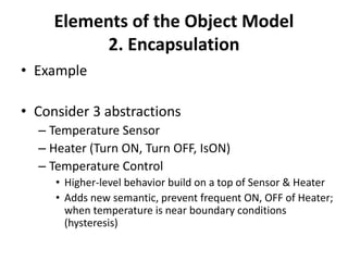 Elements of the Object Model
2. Encapsulation
• Example
• Consider 3 abstractions
– Temperature Sensor
– Heater (Turn ON, Turn OFF, IsON)
– Temperature Control
• Higher-level behavior build on a top of Sensor & Heater
• Adds new semantic, prevent frequent ON, OFF of Heater;
when temperature is near boundary conditions
(hysteresis)
 