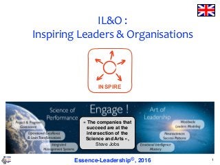 1
« The companies that
succeed are at the
intersection of the
Science and Arts »,
Steve Jobs
Essence-Leadership©, 2016
IL&O	:	
Inspiring	Leaders	&	Organisations
INSPIRE
 