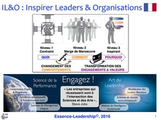 1Essence-Leadership©, 2016
« Les entreprises qui
réussissent sont à
l’intersection des
Sciences et des Arts »,
Steve Jobs
IL&O	:	
Inspirer	Leaders	&	Organisations
INSPIRER
 