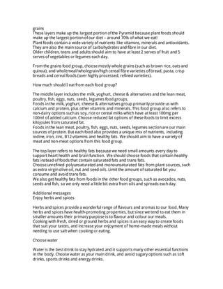 grains
These layers make up the largest portionofthe Pyramid because plant foods should
make up the largest portionofour diet – around 70% of what we eat!
Plant foods contain a wide variety of nutrients like vitamins, minerals and antioxidants.
They are also the main source of carbohydrates and fibre in our diet.
Older children, teens and adults should aim to have at least 2 serves of fruit and 5
serves of vegetables or legumes eachday.
From the grains food group, choose mostly whole grains (such as brown rice, oats and
quinoa), and wholemeal/wholegrain/highcereal fibre varieties ofbread, pasta, crisp
breads and cereal foods (over highly processed, refined varieties).
How much should I eat from each food group?
The middle layer includes the milk, yoghurt, cheese & alternatives and the lean meat,
poultry, fish, eggs, nuts, seeds, legumes food groups.
Foods inthe milk, yoghurt, cheese & alternatives group primarily provide us with
calcium and protein, plus other vitamins and minerals. This food group also refers to
non-dairy options suchas soy, rice or cereal milks which have at least 100mg per
100ml of added calcium. Choose reduced fat options of these foods to limit excess
kilojoules from saturated fat.
Foods inthe lean meat, poultry, fish, eggs, nuts, seeds, legumes sectionare our main
sources of protein. But each food also provides a unique mix of nutrients, including
iodine, iron, zinc, B12 vitamins and healthy fats. We should aim to have a variety of
meat and non-meat options from this food group.
The top layer refers to healthy fats because we need small amounts every day to
support heart health and brainfunction. We should choose foods that contain healthy
fats instead of foods that contain saturated fats and trans fats.
Choose unrefined polyunsaturated and monounsaturated fats from plant sources, such
as extra virginolive oil, nut and seed oils. Limit the amount of saturated fat you
consume and avoid trans fats.
We also get healthy fats from foods in the other food groups, such as avocados, nuts,
seeds and fish, so we only need a little bit extra from oils and spreads eachday.
Additional messages
Enjoy herbs and spices
Herbs and spices provide a wonderful range of flavours and aromas to our food. Many
herbs and spices have health-promoting properties, but since we tend to eat them in
smaller amounts their primary purpose is to flavour and colour our meals.
Cooking with fresh, dried or ground herbs and spices is aneasy way to create foods
that suit your tastes, and increase your enjoyment of home-made meals without
needing to use salt when cooking or eating.
Choose water
Water is the best drink to stay hydrated and it supports many other essential functions
in the body. Choose water as your main drink, and avoid sugary options such as soft
drinks, sports drinks and energy drinks.
 